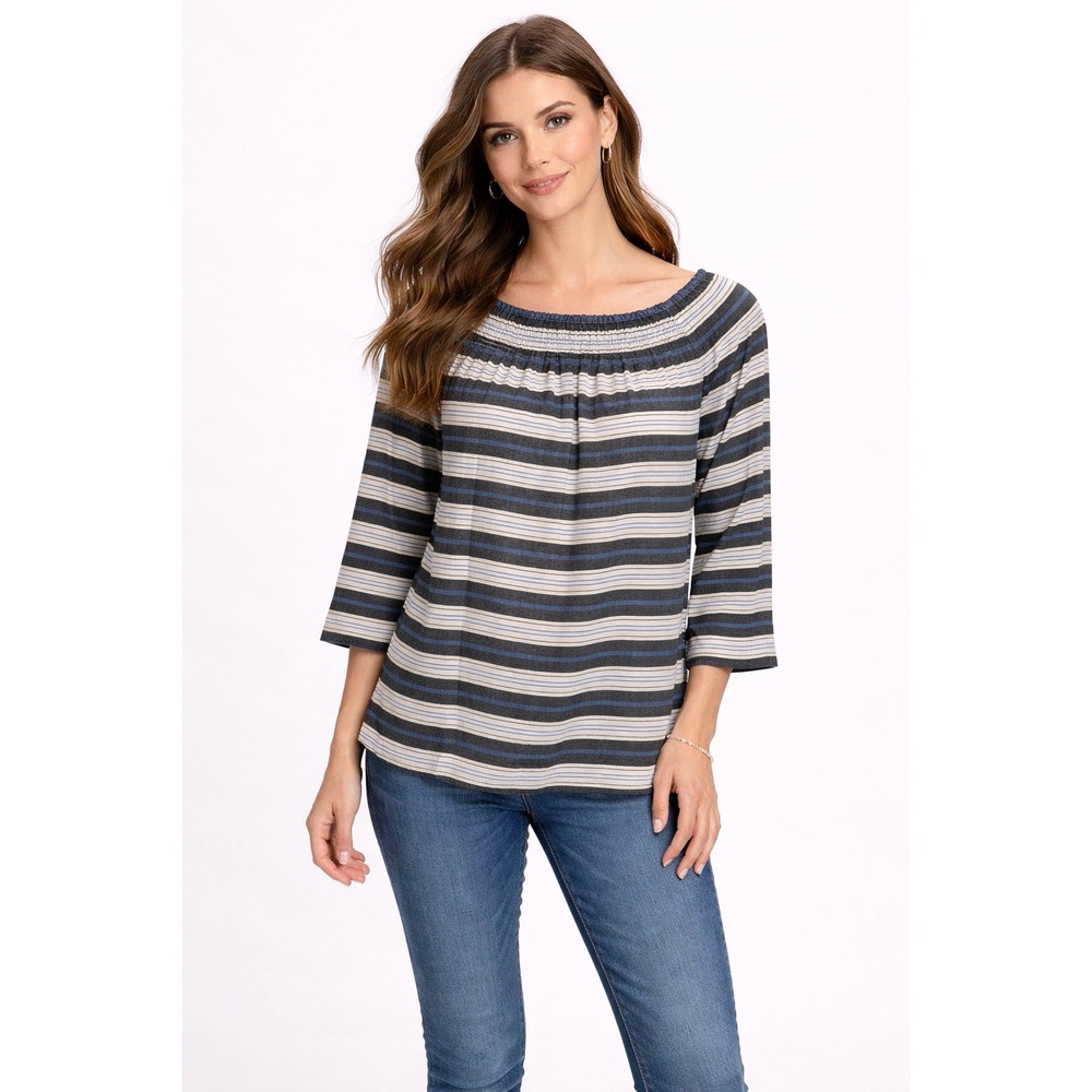J.Jill Striped Smocked Neck Blouse Blue White Linen Blend 3/4 Sleeve Top Small